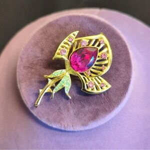 Vintage RJ GRAZIANO Flower Brooch Pin 1996 Signd Lg Center Pink Pear Shape Stone